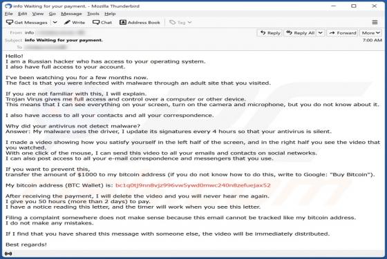 Estafa por correo electrónico "Soy un hacker ruso que tiene acceso a tu sistema operativo"
