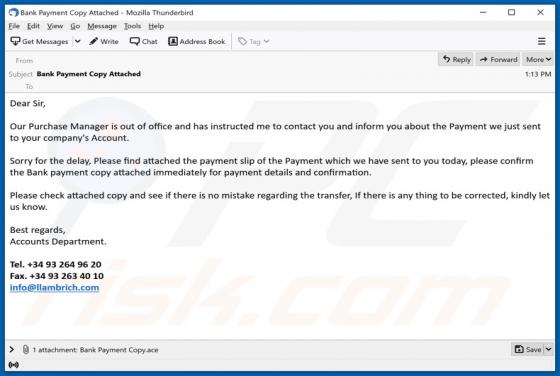 Virus por correo electrónico de copia del pago bancario