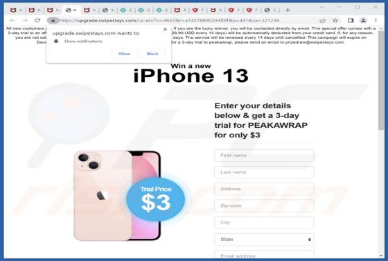 La estafa denominada "Gane un nuevo iPhone 13 POP-UP"