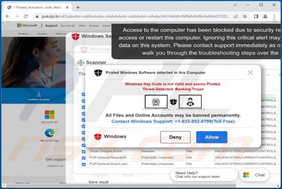 Estafa de ventanas emergente "Pirated Windows Software Detected In This Computer"
