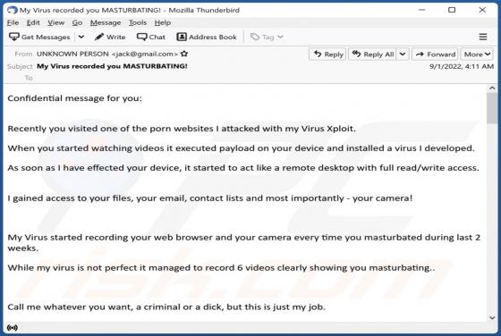 Estafa por correo electrónico "Porn Websites I Attacked With My Virus Xploit"