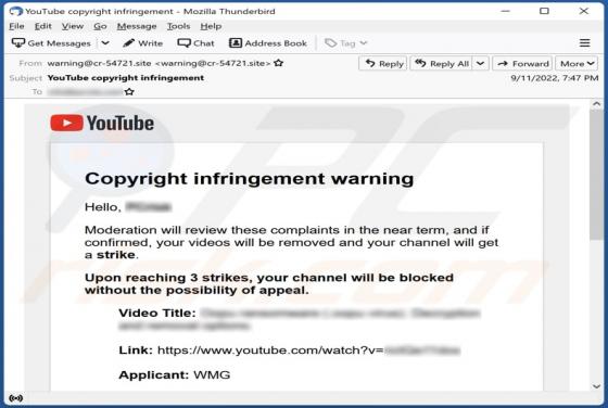 Virus de correo electrónico "YouTube Copyright Infringement Warning"