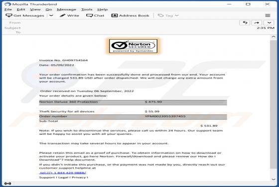 Estafa por correo electrónico "Norton Order Confirmation"