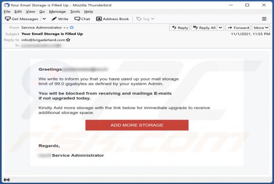 Estafa por correo electrónico "You Have Used Up Your Mail Storage"