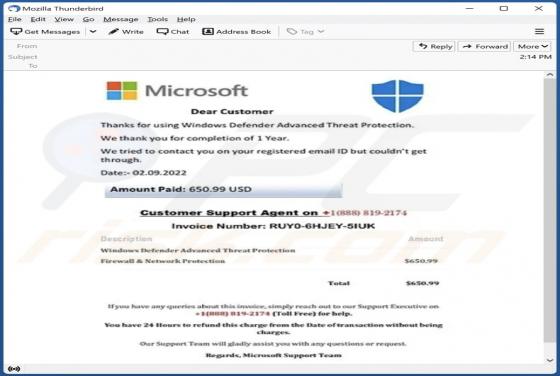 Estafa por correo electrónico de "Windows Defender Advanced Threat Protection"