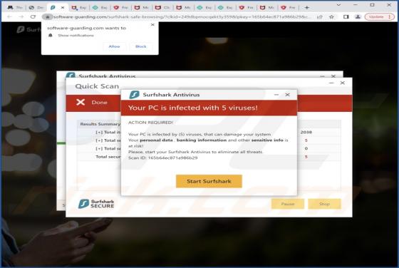 Estafa POP-UP "Surfshark - Your PC Is Infected With 5 Viruses!"
