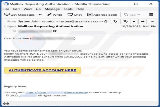 Estafa por  correo electrónico "Authenticate Account"