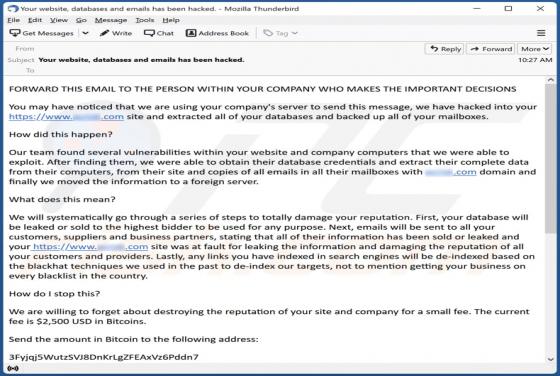 Estafa por correo electrónico "We Are Using Your Company's Server To Send This Message"