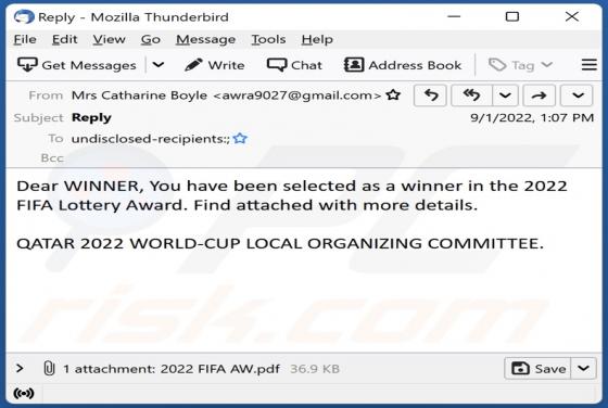 Estafa por correo electrónico "2022 FIFA Lottery Award"