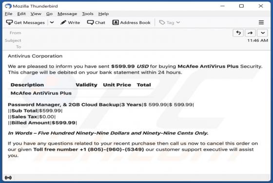 Estafa por correo electrónico "Payment For McAfee Subscription"