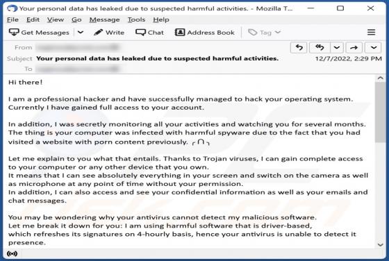Estafa por correo electrónico "Professional Hacker Managed To Hack Your Operating System"