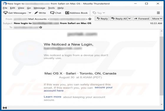 Estafa por correo electrónico "We Noticed A Login From A Device You Don't Usually Use"