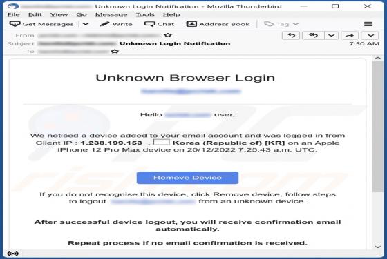 Estafa por correo electrónico "Unknown Browser Login"