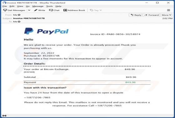 Estafa por correo electrónico "PayPal - Your Order Is Already Processed"
