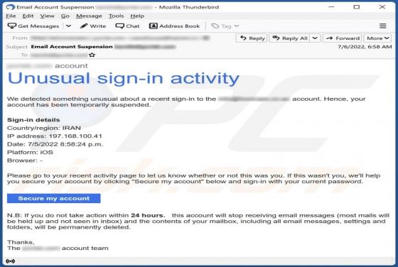 Estafa por correo electrónico "Unusual Sign-in Activity"