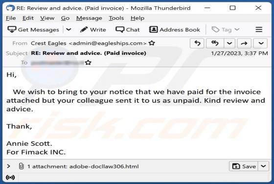 Estafa por correo electrónico "Paid/Unpaid Invoice"