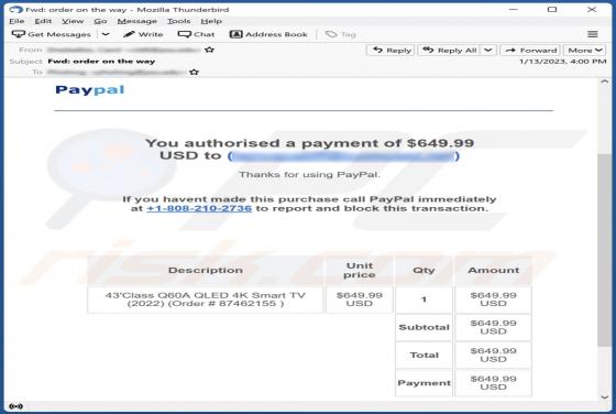 Estafa por correo electrónico "PayPal - You Authorised A Payment"