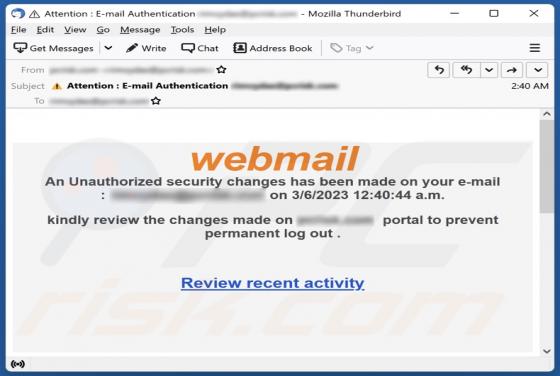 Estafa por correo electrónico "Webmail Security Changes"