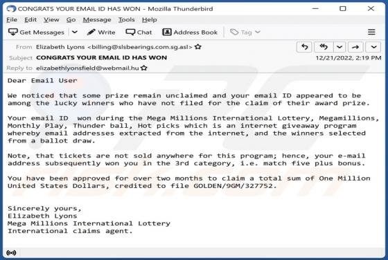 Estafa por correo electrónico "Mega Millions International Lottery"