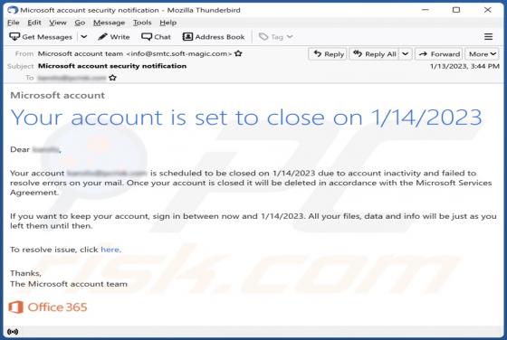 Estafa por correo electrónico "Your Account Is Set To Close"