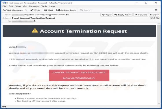 Estafa por correo electrónico "Account Termination Request"