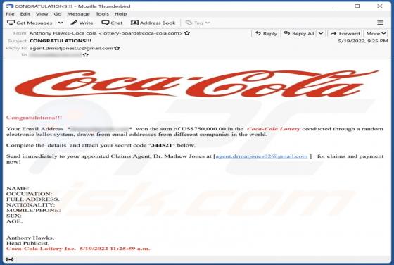 Estafa por correo electrónico "Coca Cola Lottery"