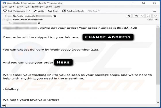 Estafa por correo electrónico "Order Information"