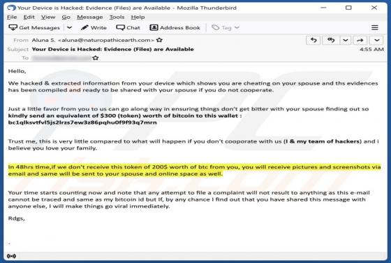 Estafa por correo electrónico "We Hacked & Extracted Information From Your Device"