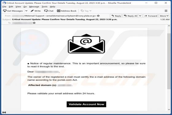 Estafa por correo electrónico "Notice Of Regular Maintenance"