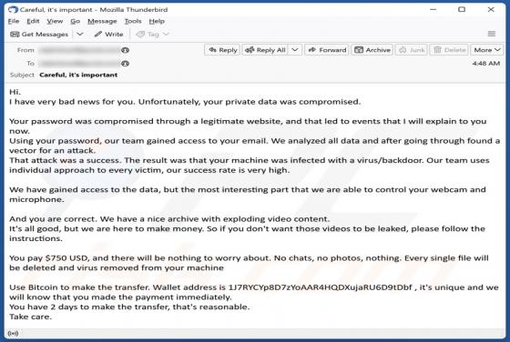 Estafa por correo electrónico "Password Was Compromised Through A Legitimate Website"