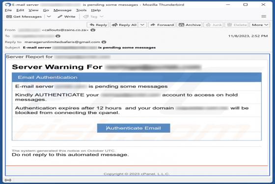 Estafa por correo electrónico "Server Warning"
