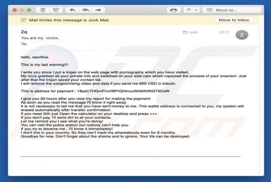 Estafa por correo electrónico "Hello, Sacrifice. This Is My Last Warning!!!"