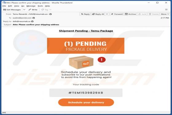 Estafa por correo electrónico "Temu - Pending Package Delivery"