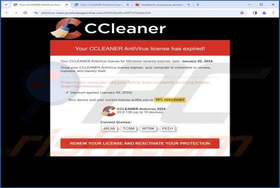 Estafa emergente "CCLEANER AntiVirus License Has Expired"