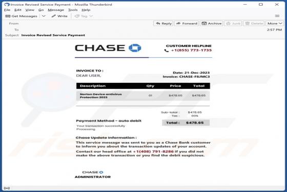 Estafa por correo electrónico "Chase Bank Invoice"