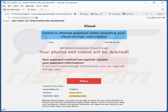 Estafa por correo electrónico "Your iCloud Photos And Videos Will Be Deleted"