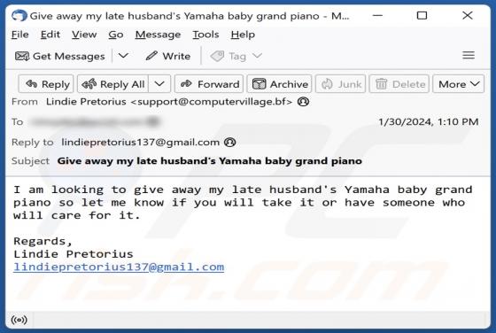 Estafa por correo electrónico "Yamaha Baby Grand Piano"