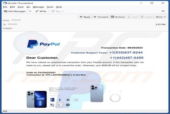 Estafa por correo electrónico "PayPal - Unauthorized Transaction"