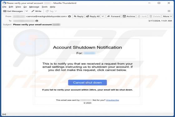 Estafa por correo electrónico "Account Shutdown Notification"