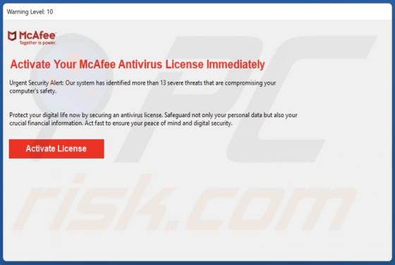 Estafa de ventanas emergentes "Activate Your McAfee Antivirus License"