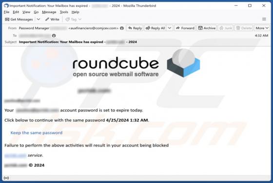 Estafa por correo electrónico Roundcube Password Set To Expire