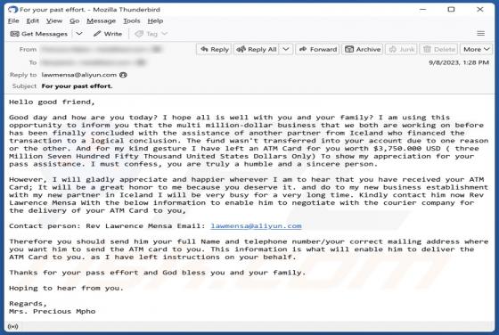 Estafa por correo electrónico ATM Card