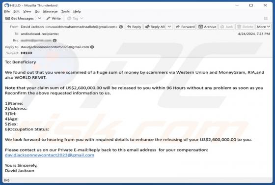 Estafa por correo electrónico Claim Sum Release