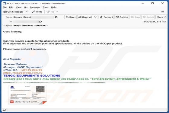 Estafa por correo electrónico Quote For The Attached Products