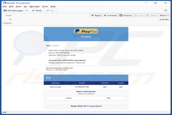 Estafa por correo electrónico PayPal Crypto Purchase Invoice