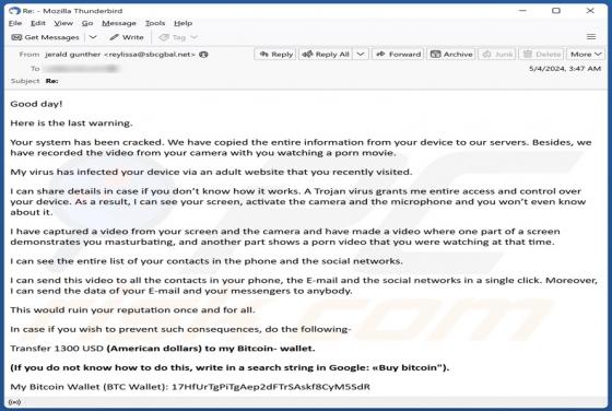 Estafa por correo electrónico Your System Has Been Cracked