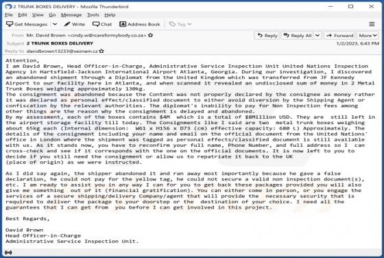 Estafa por correo electrónico United Nations - Abandoned Shipment