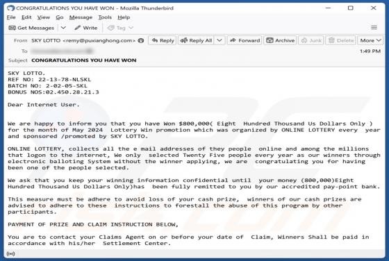 Estafa por correo electrónico SKY LOTTO