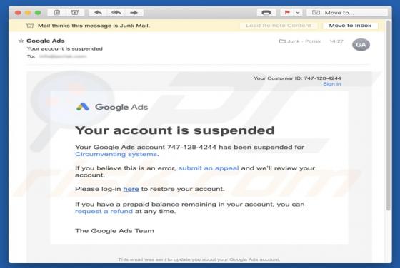 Estafa por correo electrónico Google Ads - Your Account Is Suspended