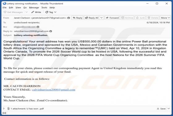 Estafa por correo electrónico 2026 FIFA World Cup Lottery